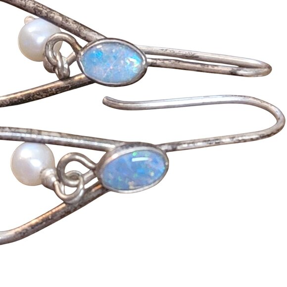 Vintage Sterling Silver Teardrop Earrings With Blue Opal & Pearl Accents - Picture 4 of 8